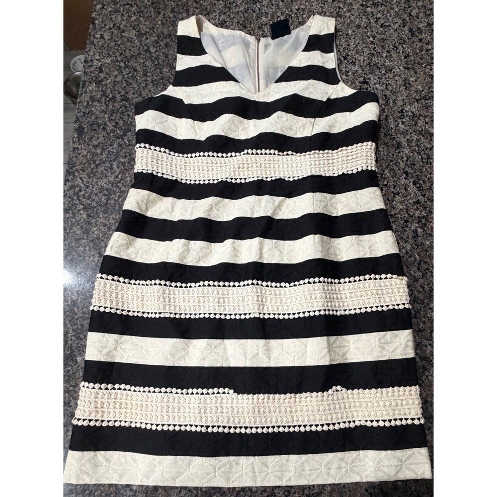 Just Taylor Women Black White Striped Crochet Lace Trim Sleeveless Dress Size 14